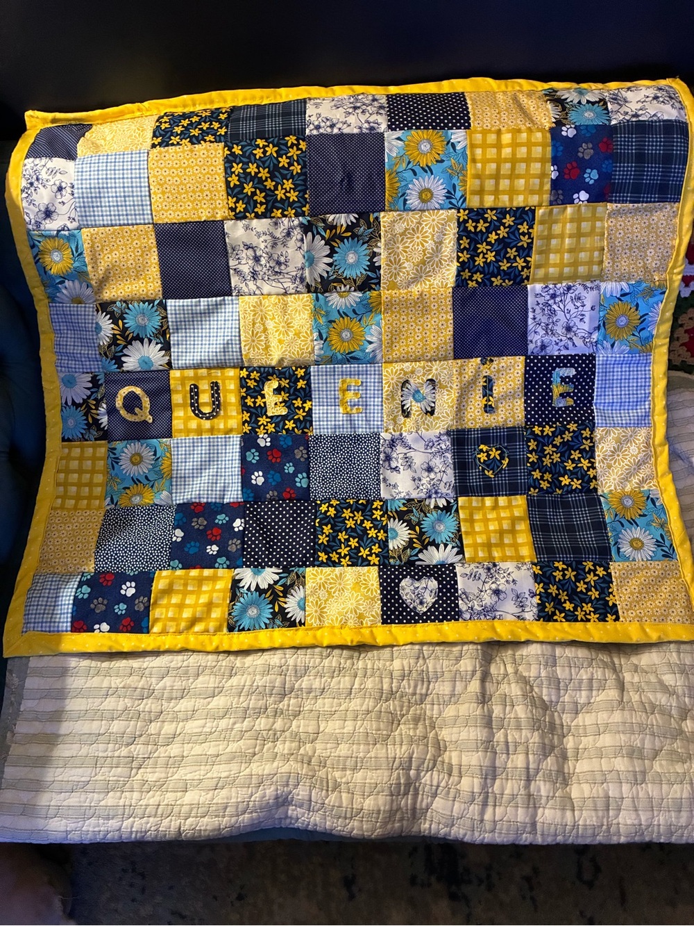 Handmade Patchwork dog Quilt in Yellow & Blue